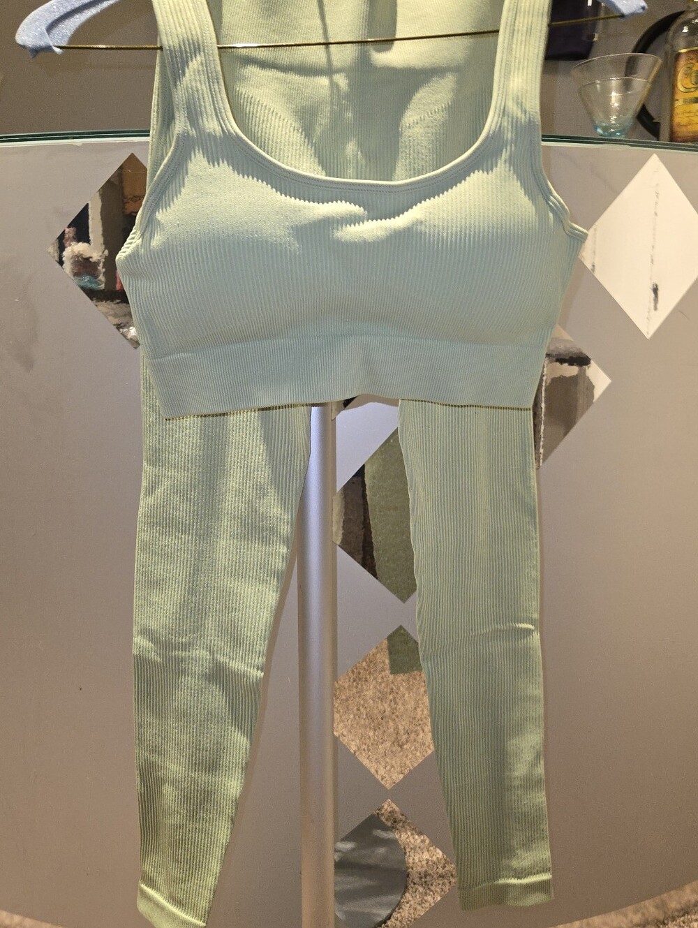 Seamless Ribbed Crop Tank & Legging Set — Light Green
